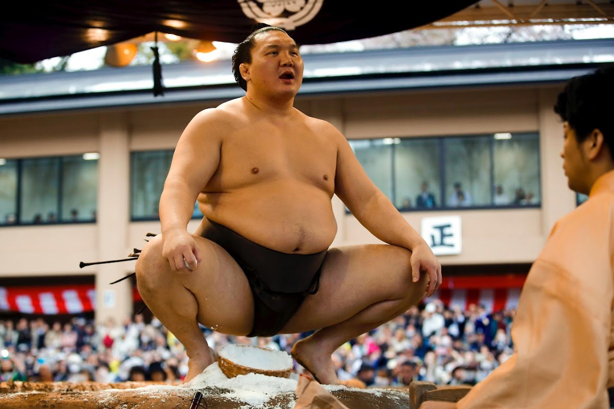 Mongolian-born grand sumo champion Hakuho prepares for a fight. 